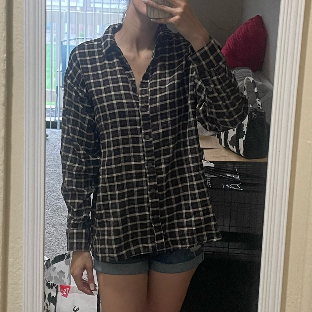 LOFT Cream and Brown Boxy Button Down Shirt